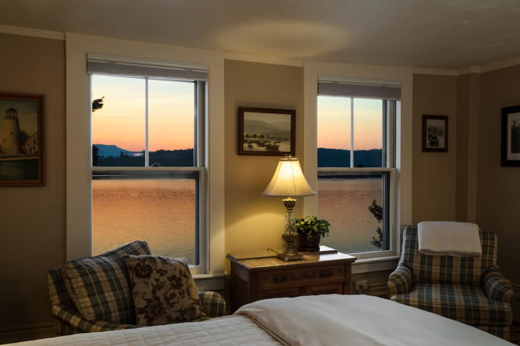 New Hampshire Bed and Breakfast, photo of the sunset from one of the beautiful guest rooms at Lake House at Ferry Point Inn 