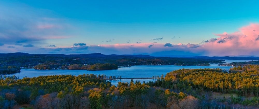 Aerial view of Lake Winnisquam, a great place to enjoy kayaking in the Lakes Region, New Hampshire